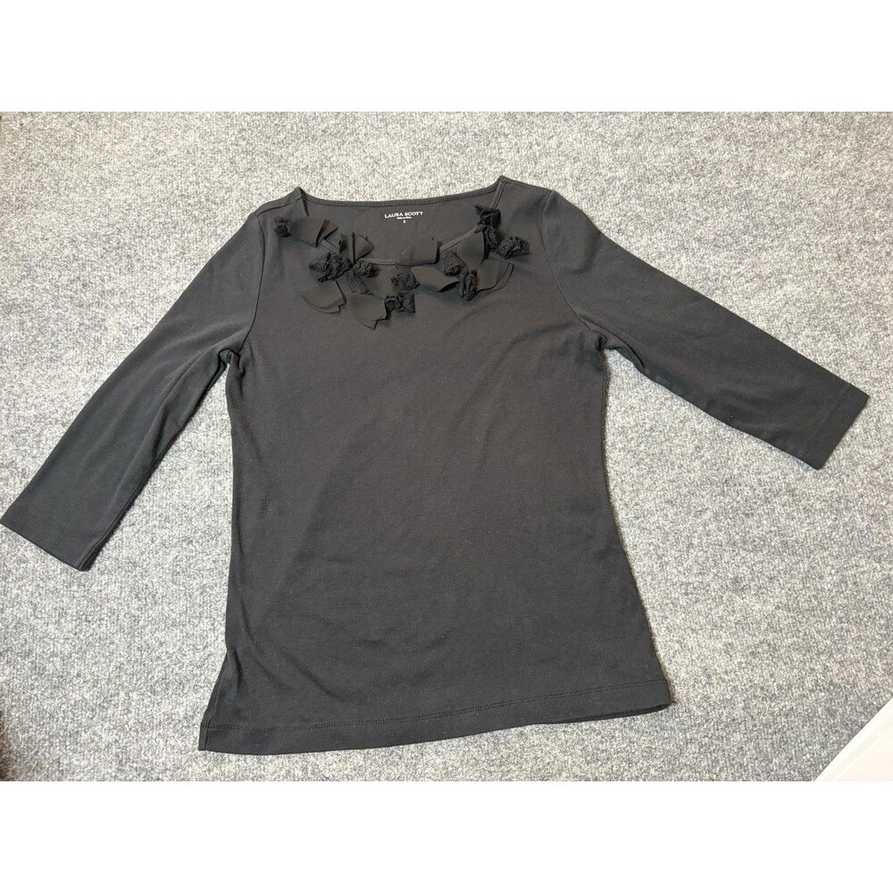 Laura Scott Shirt Womens S Black Cotton Polyester Bow Neck Top 3/4 Sleeve Spring